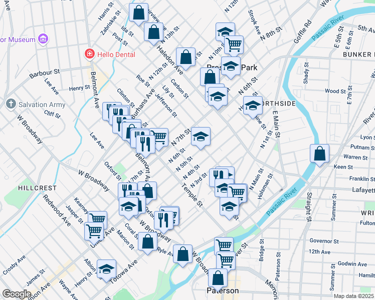 map of restaurants, bars, coffee shops, grocery stores, and more near 96 North 6th Street in Paterson