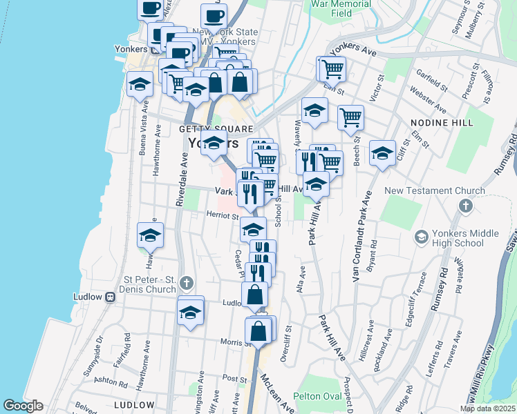 map of restaurants, bars, coffee shops, grocery stores, and more near 170 South Broadway in Yonkers