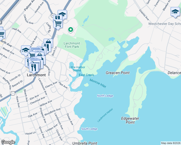 map of restaurants, bars, coffee shops, grocery stores, and more near 225 Hommocks Road in Larchmont