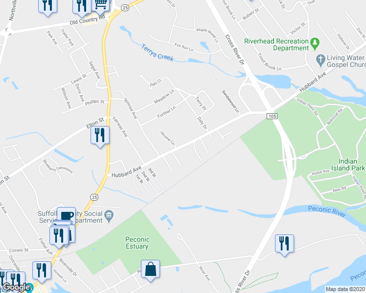 map of restaurants, bars, coffee shops, grocery stores, and more near 4 Gatz Road in Riverhead