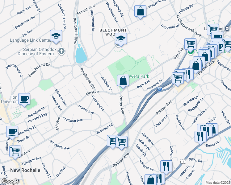 map of restaurants, bars, coffee shops, grocery stores, and more near 35 Potter Avenue in New Rochelle