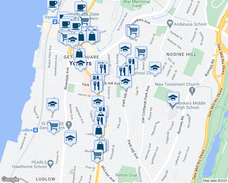 map of restaurants, bars, coffee shops, grocery stores, and more near 30 Herriot Place in Yonkers