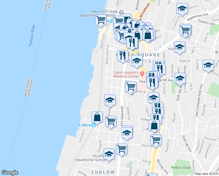 map of restaurants, bars, coffee shops, grocery stores, and more near 156 Hawthorne Avenue in Yonkers