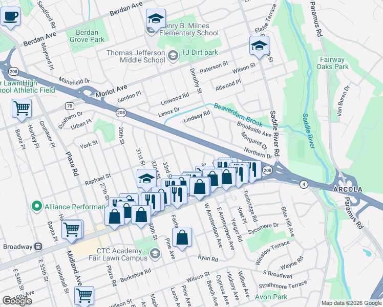map of restaurants, bars, coffee shops, grocery stores, and more near 2-18 35th Street in Fair Lawn