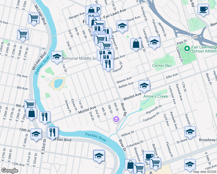map of restaurants, bars, coffee shops, grocery stores, and more near 7-04 6th Street in Fair Lawn