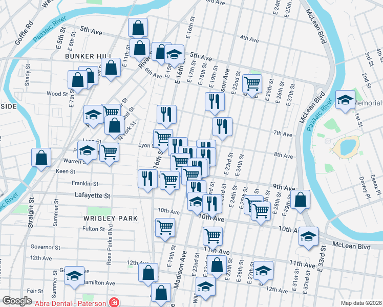 map of restaurants, bars, coffee shops, grocery stores, and more near 363 East 18th Street in Paterson