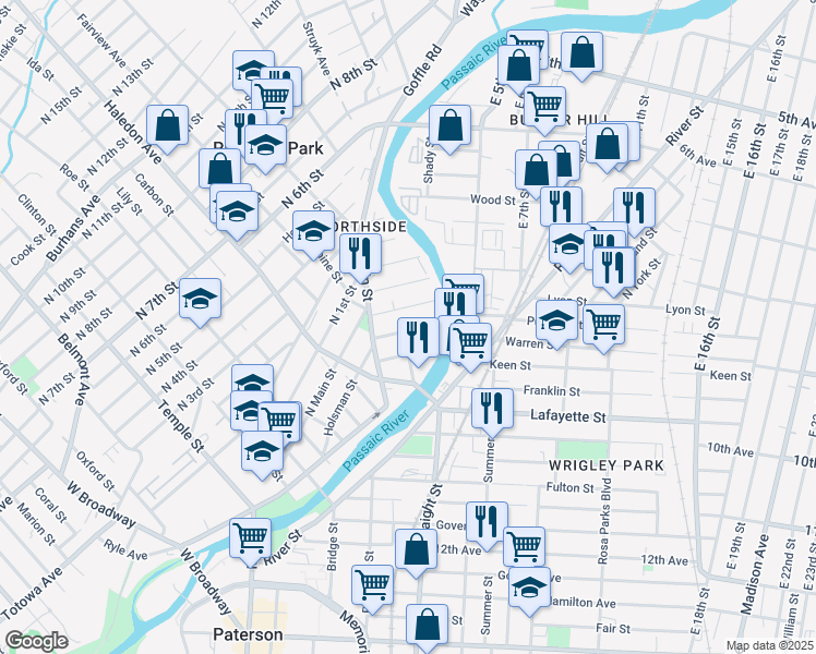 map of restaurants, bars, coffee shops, grocery stores, and more near 9 Watson Street in Paterson