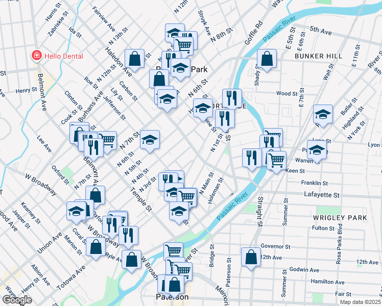 map of restaurants, bars, coffee shops, grocery stores, and more near 67 Garfield Avenue in Paterson