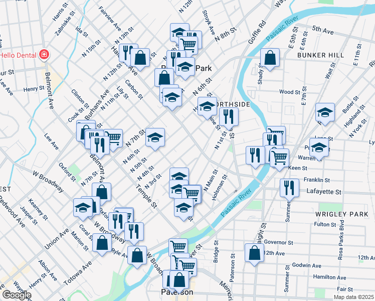 map of restaurants, bars, coffee shops, grocery stores, and more near 67 Garfield Avenue in Paterson
