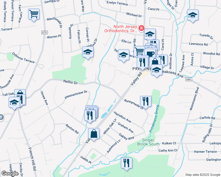 map of restaurants, bars, coffee shops, grocery stores, and more near 1111 Chatham Court in Wayne