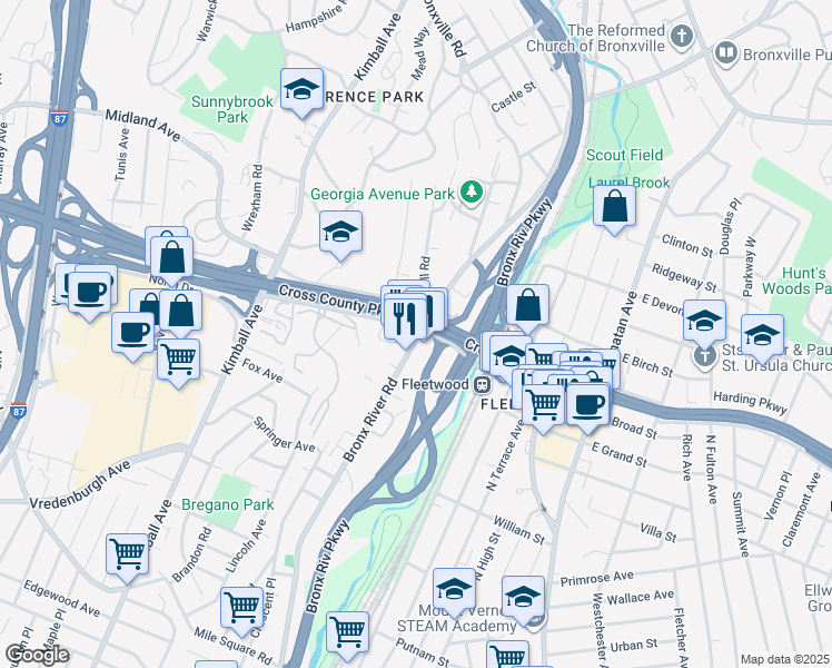 map of restaurants, bars, coffee shops, grocery stores, and more near 850 Bronx River Road in Bronxville