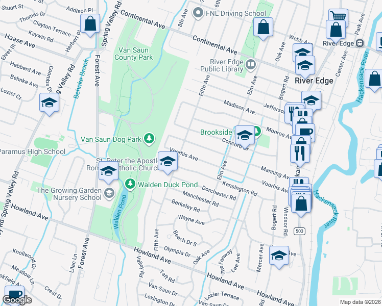 map of restaurants, bars, coffee shops, grocery stores, and more near 251 Voorhis Avenue in River Edge