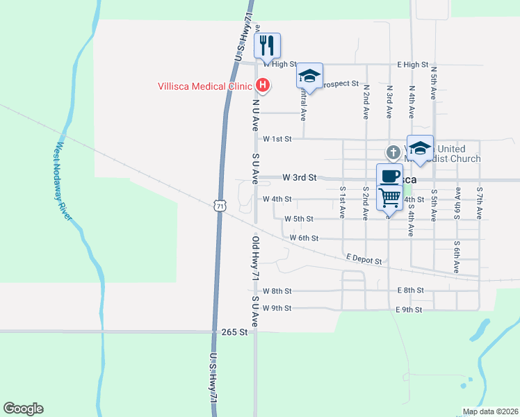 map of restaurants, bars, coffee shops, grocery stores, and more near 133 West 5th Street in Villisca