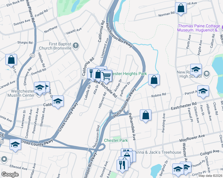 map of restaurants, bars, coffee shops, grocery stores, and more near 518 New Rochelle Road in Bronxville