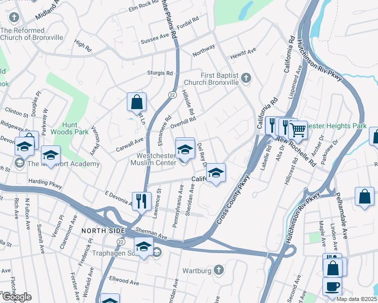 map of restaurants, bars, coffee shops, grocery stores, and more near 150 Southfield Road in Mount Vernon