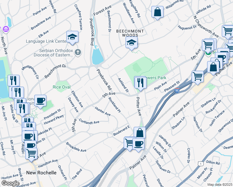 map of restaurants, bars, coffee shops, grocery stores, and more near 381 5th Avenue in New Rochelle
