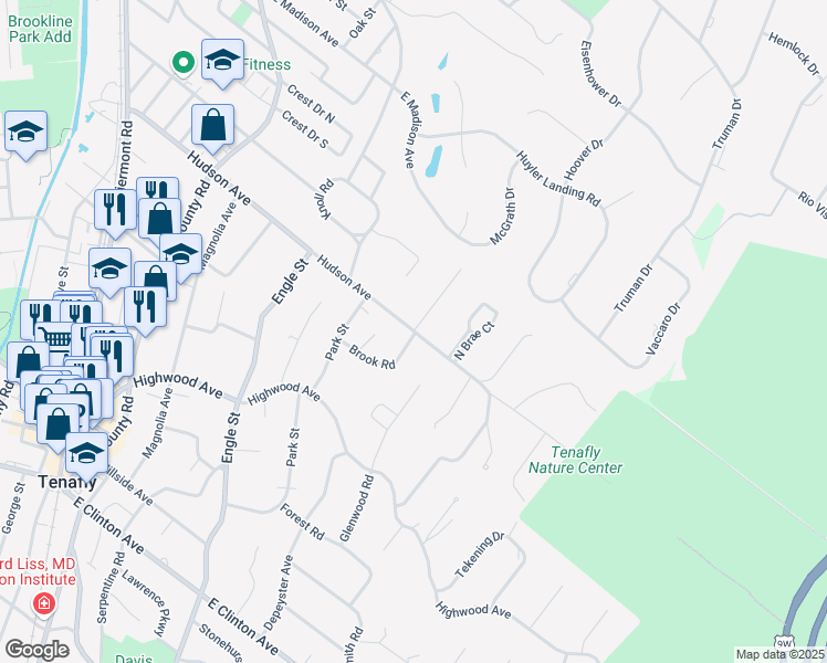 map of restaurants, bars, coffee shops, grocery stores, and more near Hudson Avenue & Peter Lynas Court in Tenafly