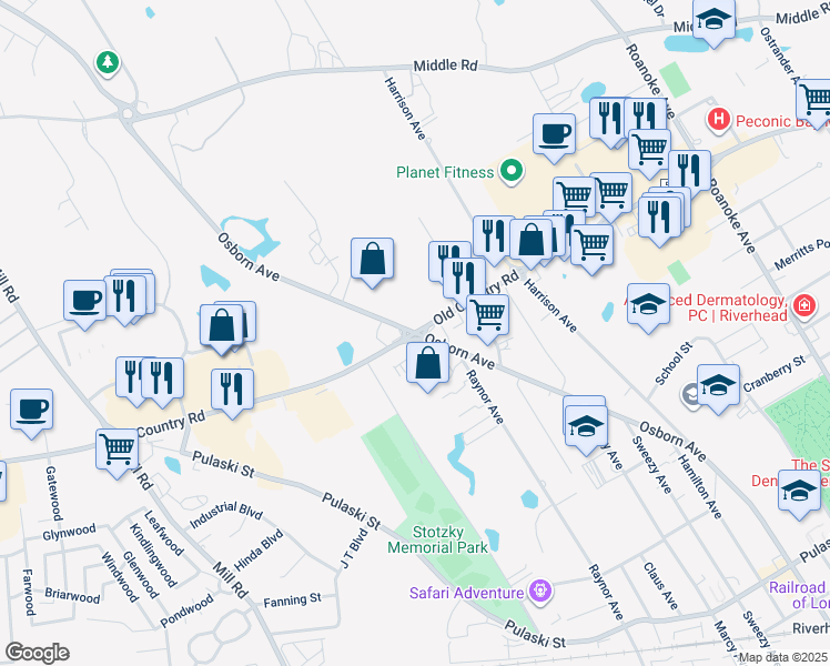 map of restaurants, bars, coffee shops, grocery stores, and more near Old Country Rd & Osborn Ave in Riverhead