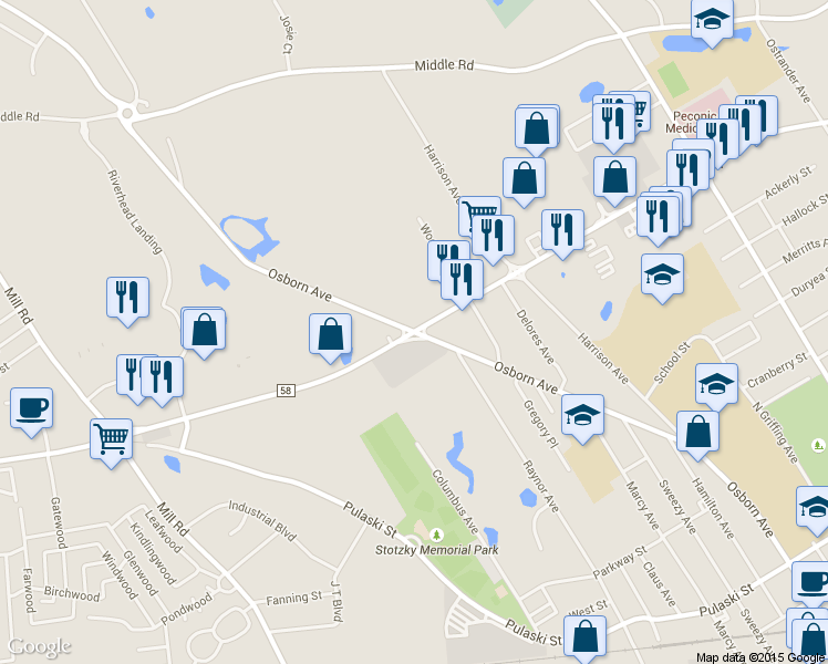 map of restaurants, bars, coffee shops, grocery stores, and more near Old Country Rd & Osborn Ave in Riverhead