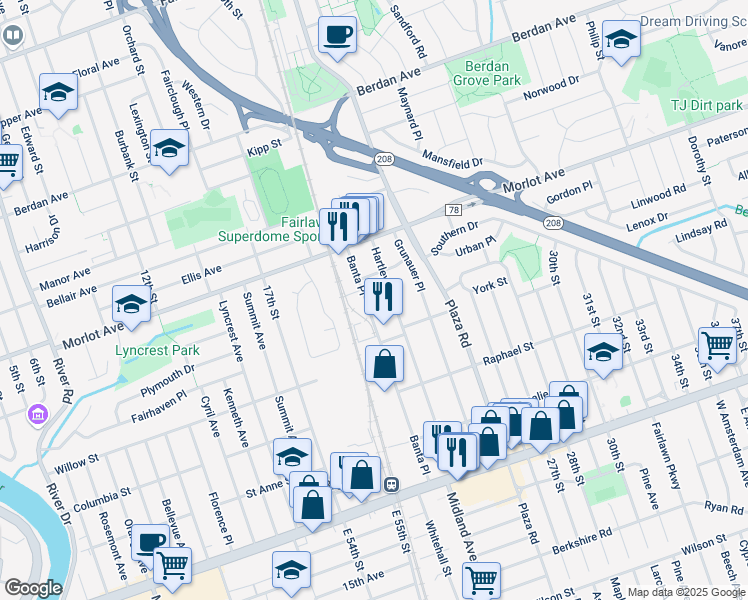 map of restaurants, bars, coffee shops, grocery stores, and more near 22-05 Ward Street in Fair Lawn