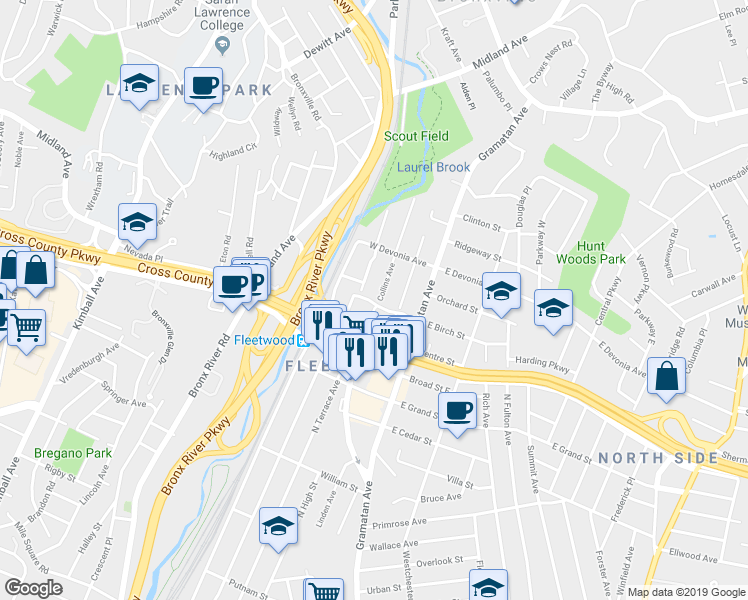 map of restaurants, bars, coffee shops, grocery stores, and more near 324 Packman Avenue in Mount Vernon