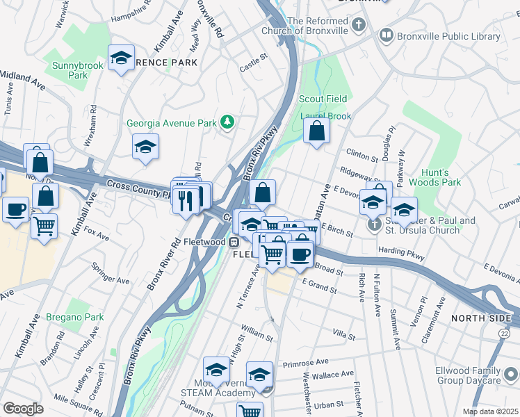 map of restaurants, bars, coffee shops, grocery stores, and more near 20 Hill Street in Mount Vernon