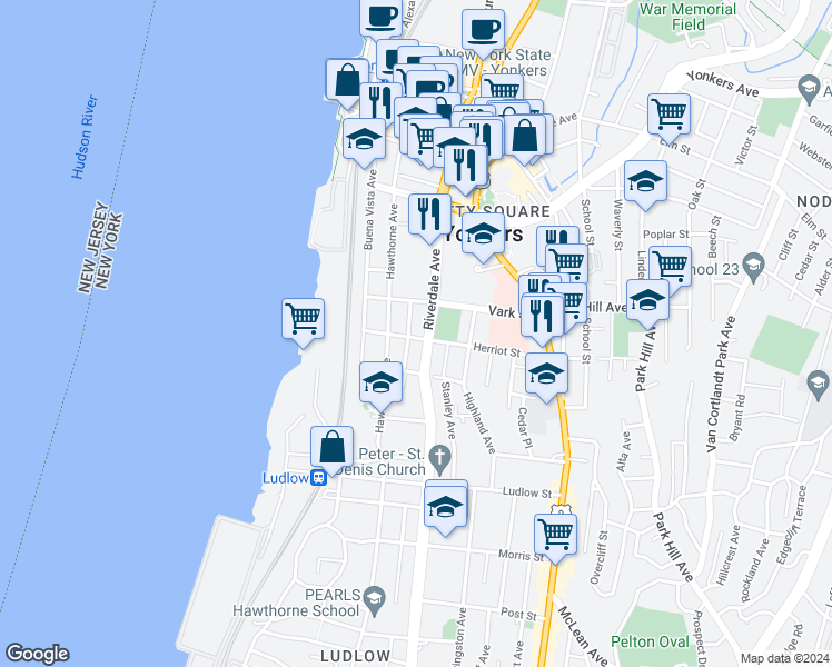 map of restaurants, bars, coffee shops, grocery stores, and more near 110 Hawthorne Avenue in Yonkers