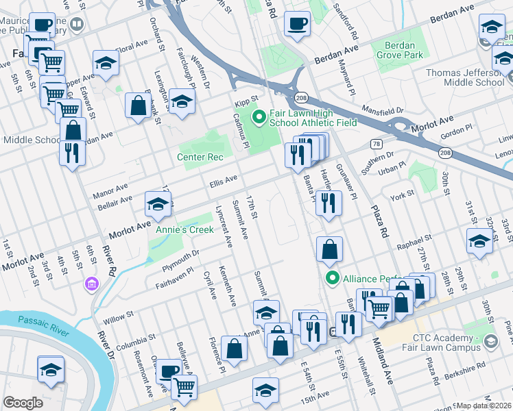 map of restaurants, bars, coffee shops, grocery stores, and more near 18-06 Morlot Avenue in Fair Lawn