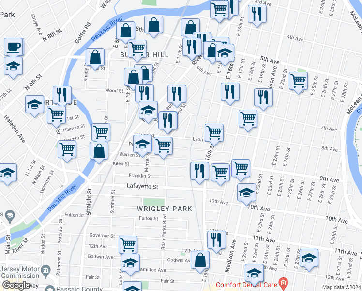 map of restaurants, bars, coffee shops, grocery stores, and more near 175 Lyon Street in Paterson