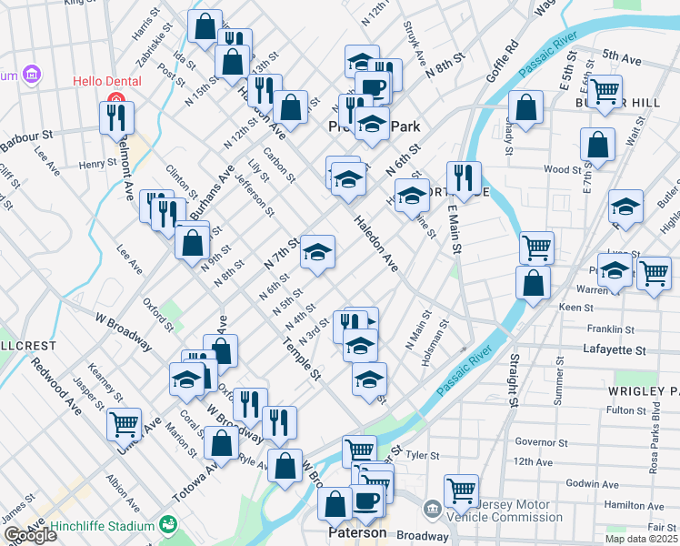 map of restaurants, bars, coffee shops, grocery stores, and more near 152 North 5th Street in Paterson