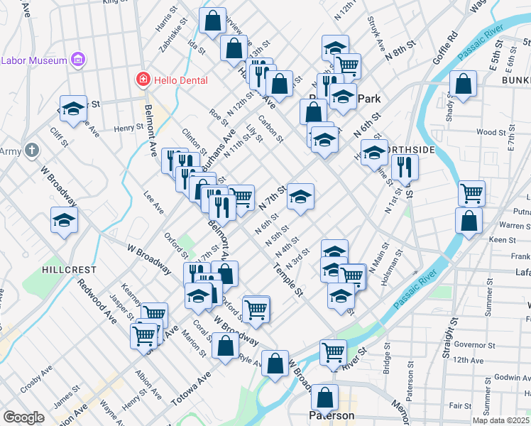 map of restaurants, bars, coffee shops, grocery stores, and more near 142 North 7th Street in Paterson