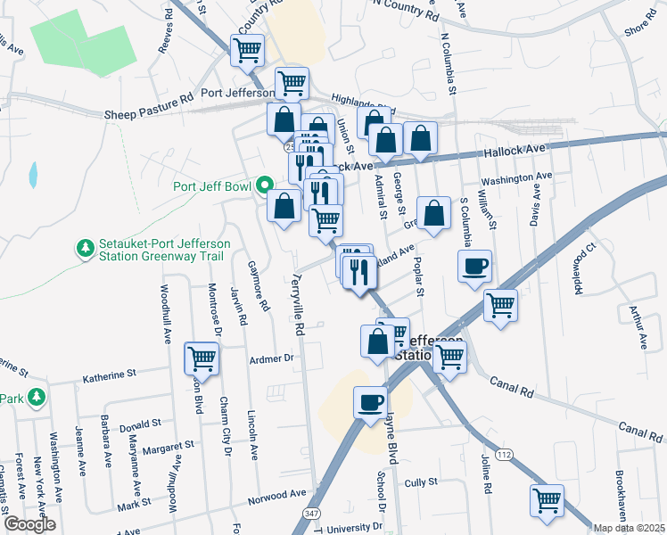 map of restaurants, bars, coffee shops, grocery stores, and more near in Port Jefferson Station
