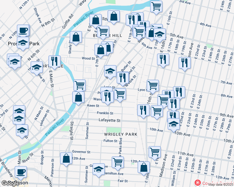 map of restaurants, bars, coffee shops, grocery stores, and more near 115 Putnam Street in Paterson