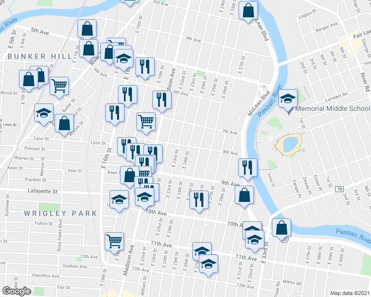 map of restaurants, bars, coffee shops, grocery stores, and more near 200 8th Avenue in Paterson