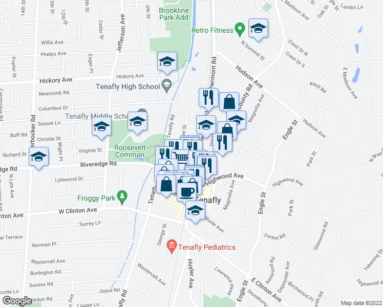map of restaurants, bars, coffee shops, grocery stores, and more near 52 West Railroad Avenue in Tenafly