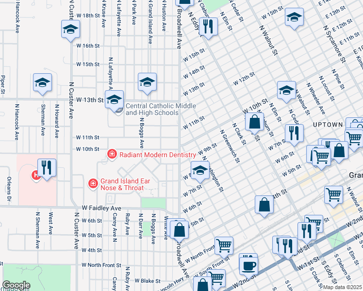 map of restaurants, bars, coffee shops, grocery stores, and more near 1000-1050 North Washington Street in Grand Island