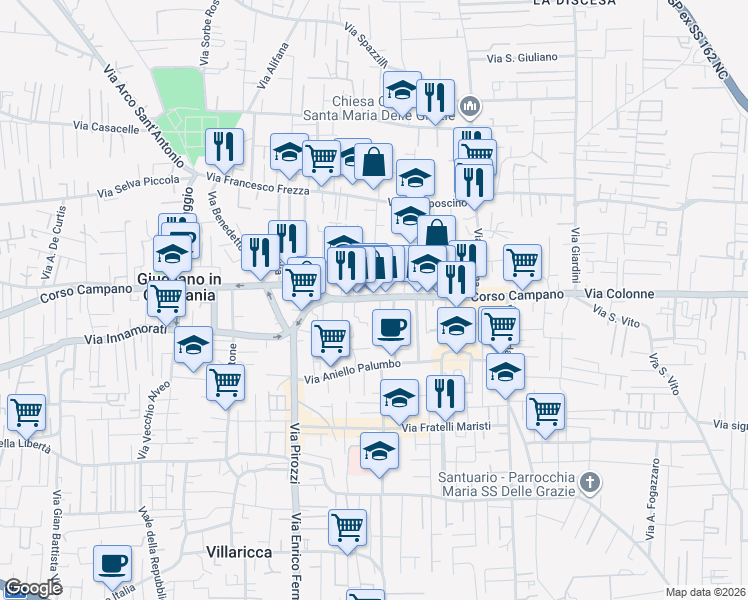 map of restaurants, bars, coffee shops, grocery stores, and more near 235 Corso Campano in Giugliano in Campania