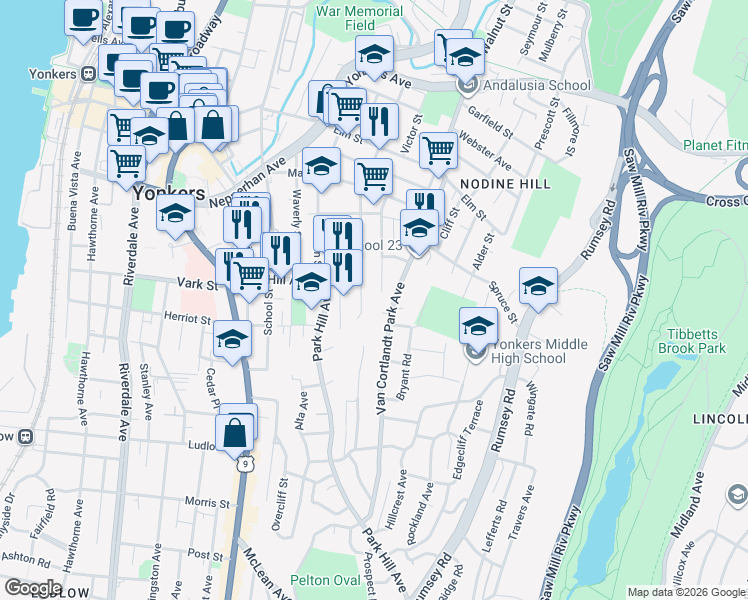 map of restaurants, bars, coffee shops, grocery stores, and more near 175 Beech Street in Yonkers
