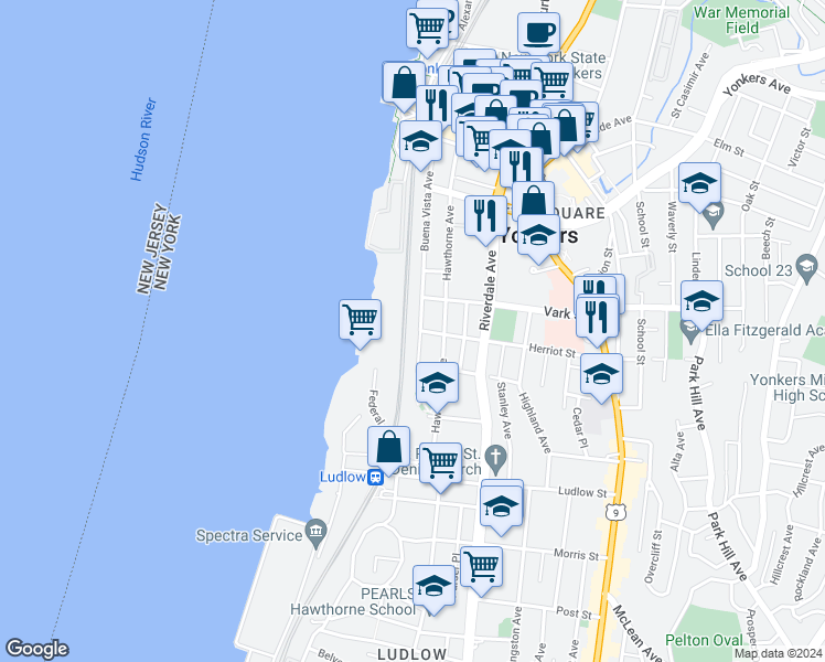 map of restaurants, bars, coffee shops, grocery stores, and more near 181 Buena Vista Avenue in Yonkers