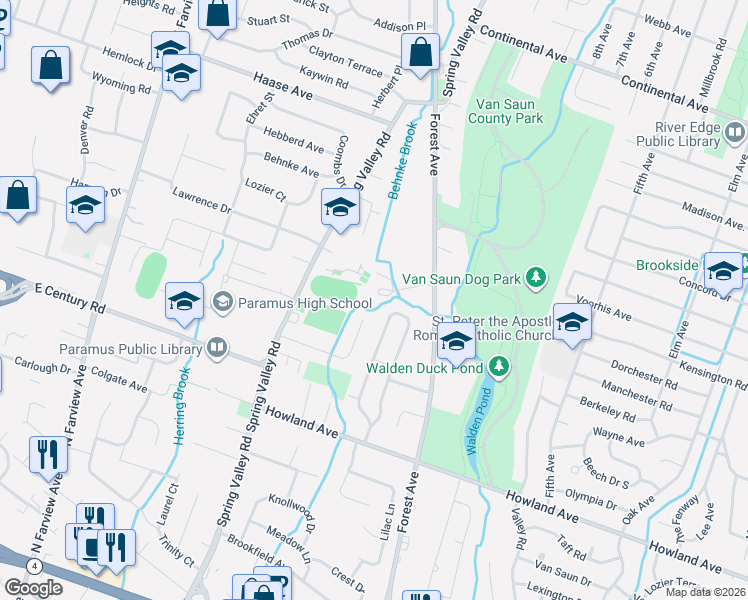 map of restaurants, bars, coffee shops, grocery stores, and more near 189 Forest Avenue in Paramus