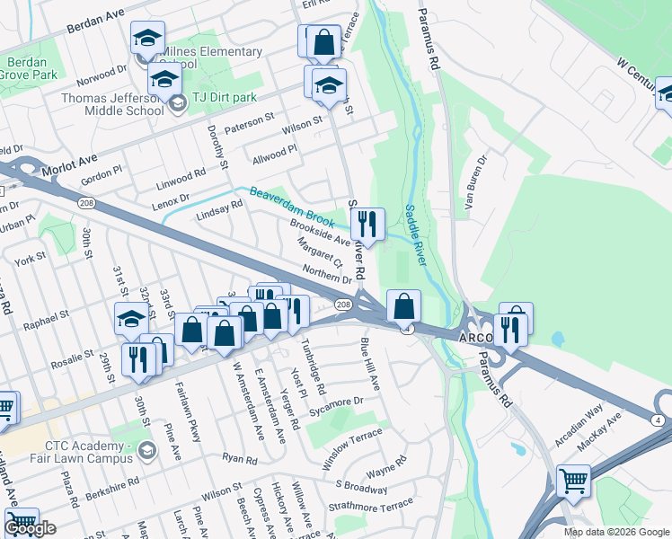 map of restaurants, bars, coffee shops, grocery stores, and more near 21 Margaret Court in Fair Lawn