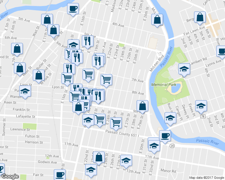 map of restaurants, bars, coffee shops, grocery stores, and more near 328 East 24th Street in Paterson