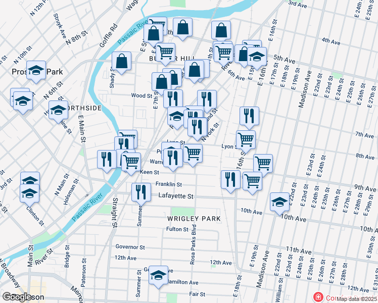 map of restaurants, bars, coffee shops, grocery stores, and more near 105 Lyon Street in Paterson
