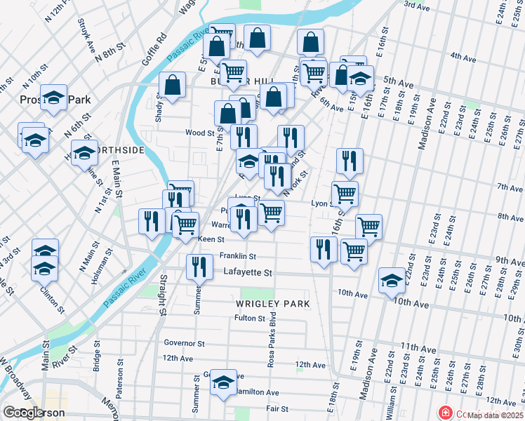 map of restaurants, bars, coffee shops, grocery stores, and more near 105 Lyon Street in Paterson