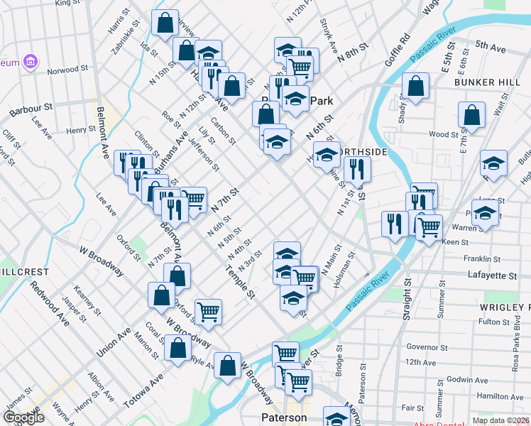 map of restaurants, bars, coffee shops, grocery stores, and more near 152 North 5th Street in Paterson