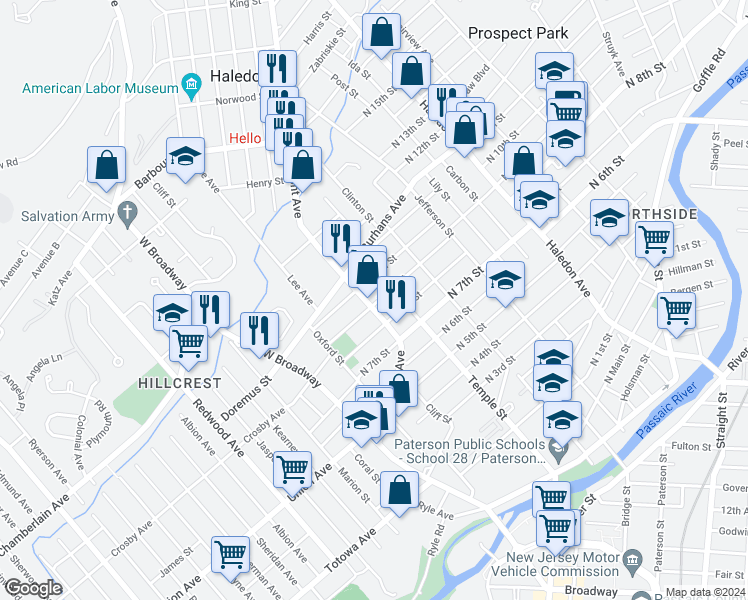 map of restaurants, bars, coffee shops, grocery stores, and more near 55 North 10th Street in Paterson