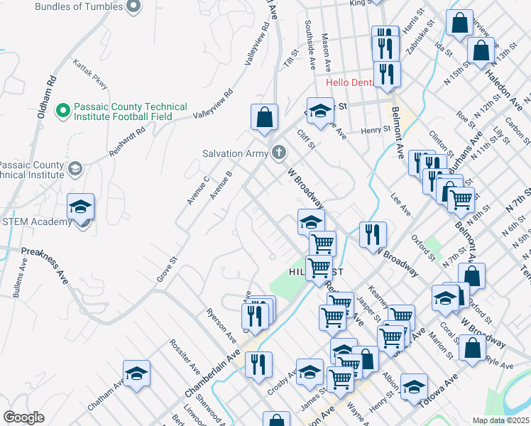 map of restaurants, bars, coffee shops, grocery stores, and more near 170 Granite Avenue in Paterson