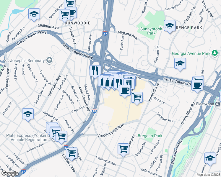 map of restaurants, bars, coffee shops, grocery stores, and more near 1 Mall Walk in Yonkers