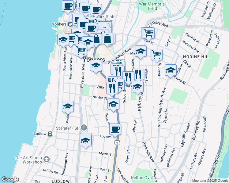 map of restaurants, bars, coffee shops, grocery stores, and more near 144 South Broadway in Yonkers