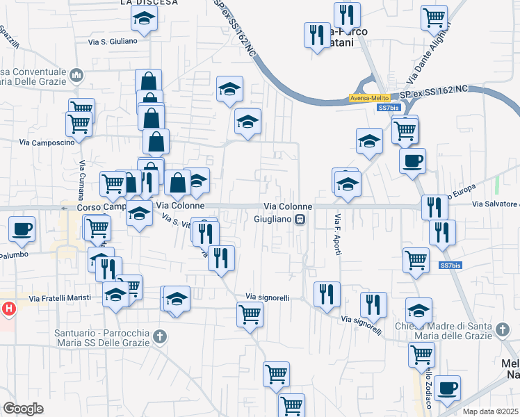 map of restaurants, bars, coffee shops, grocery stores, and more near 49 Via Colonne in Giugliano In Campania